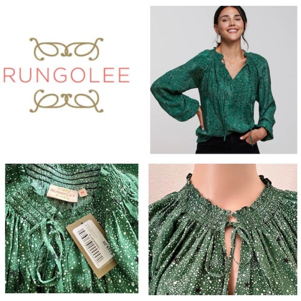 NWT SZ M RUNGOLEE Louise Full Sleeve Silk Blouse in Green Stardust